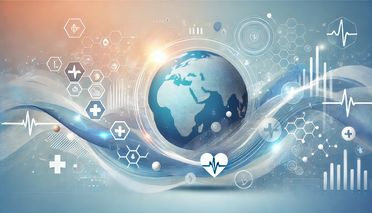 Globe with medical icons heart rate symbols and data graphs representing global healthcare technology